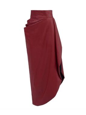Asymmetrical Draped Faux-Leather Midi Skirt in Deep Burgundy